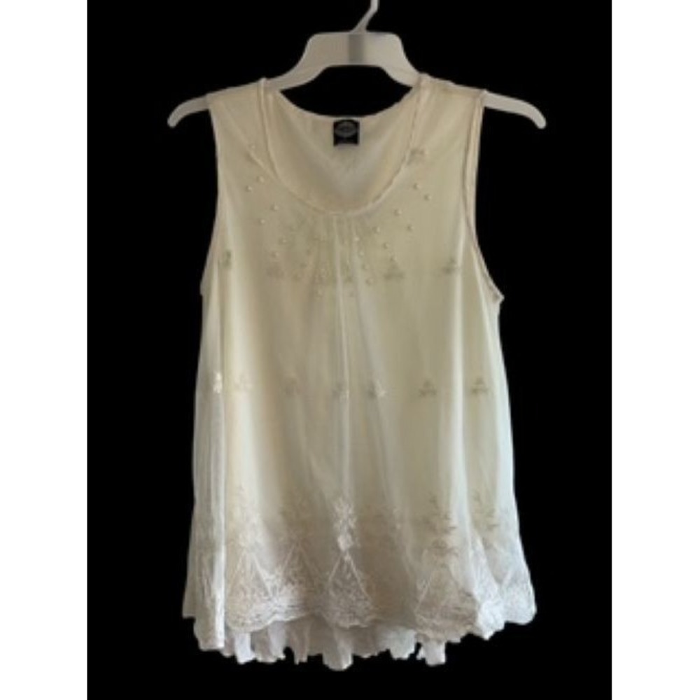 CALSTYLE Women's Ivory Mesh Lined Sleeveless Top with Pearls and Embroidery - L